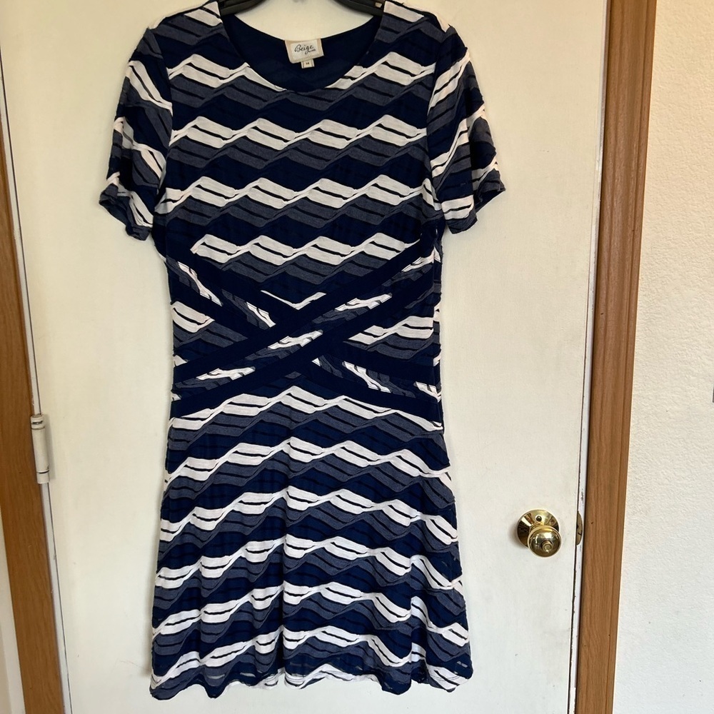 Beige by eci Navy Blue & White Jersey Knit Short Sleeve Dress 14